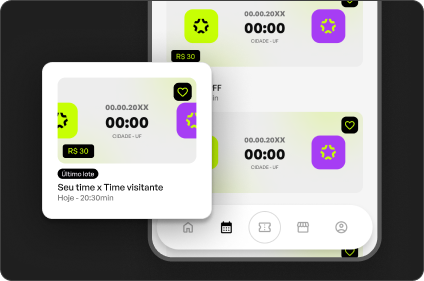 Demonstração de uma tela com cards de evento ao fundo e na frente um card de evento em destaque.